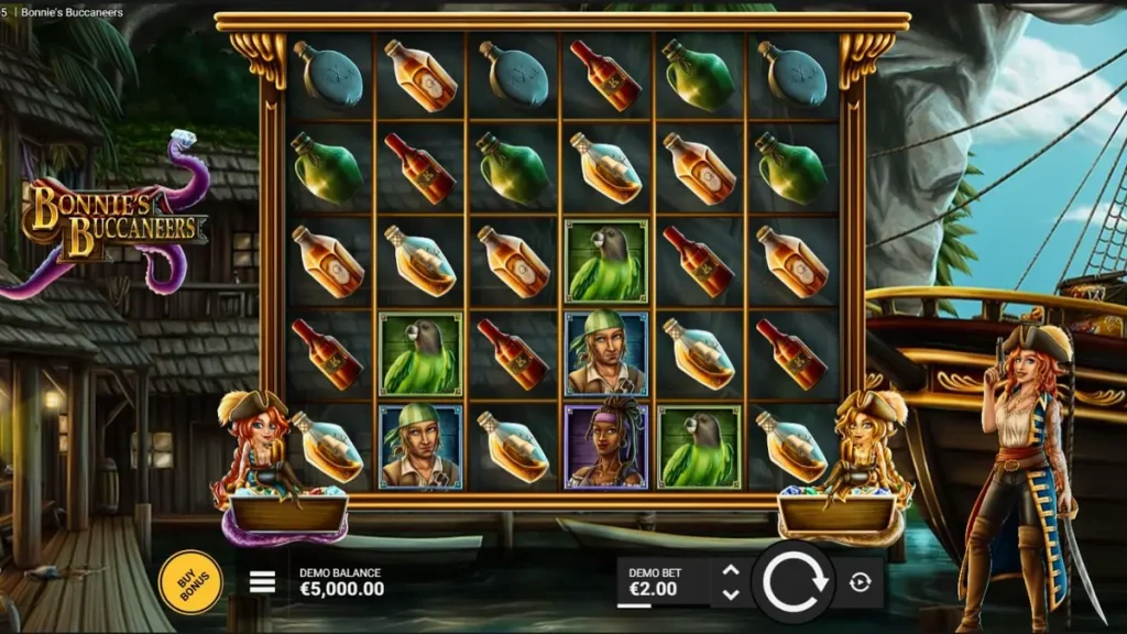 Tampilan visual slot Bonnie’s Buccaneers dengan latar belakang teluk bajak laut yang misterius.