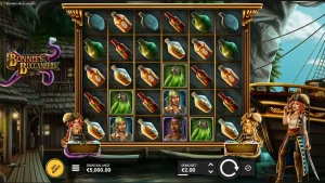 Tampilan visual slot Bonnie’s Buccaneers dengan latar belakang teluk bajak laut yang misterius.