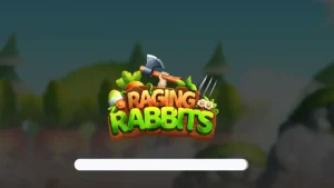 Tampilan visual slot Raging Rabbits dengan kelinci kartun dan elemen medan perang