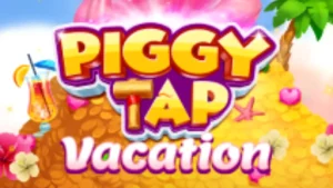 Tampilan visual permainan slot Piggy Tap dengan tema tropis dan babi lucu
