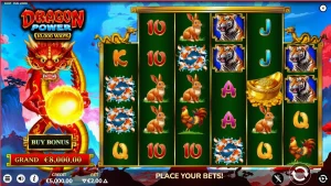 Tampilan visual slot Dragon Power 10,000 Ways dengan naga emas dan simbol oriental.