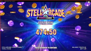 Tampilan visual retro-futuristik dari slot Stellarcade Power Combo dengan elemen neon dan ruang angkasa.